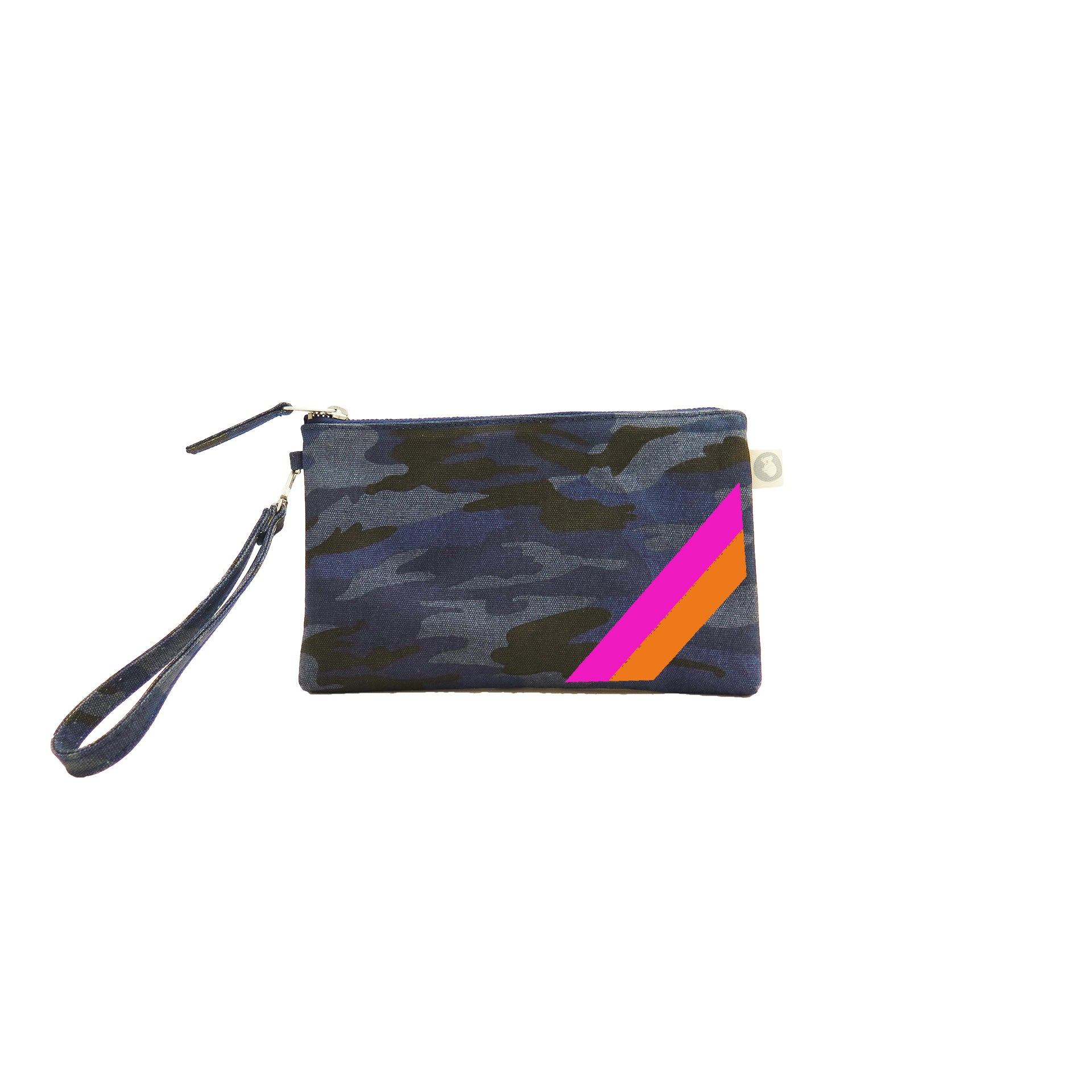 Mini Luxe Clutch in Dark Blue Camo with Orange/Pink Diagonal Stripe - Quilted Koala