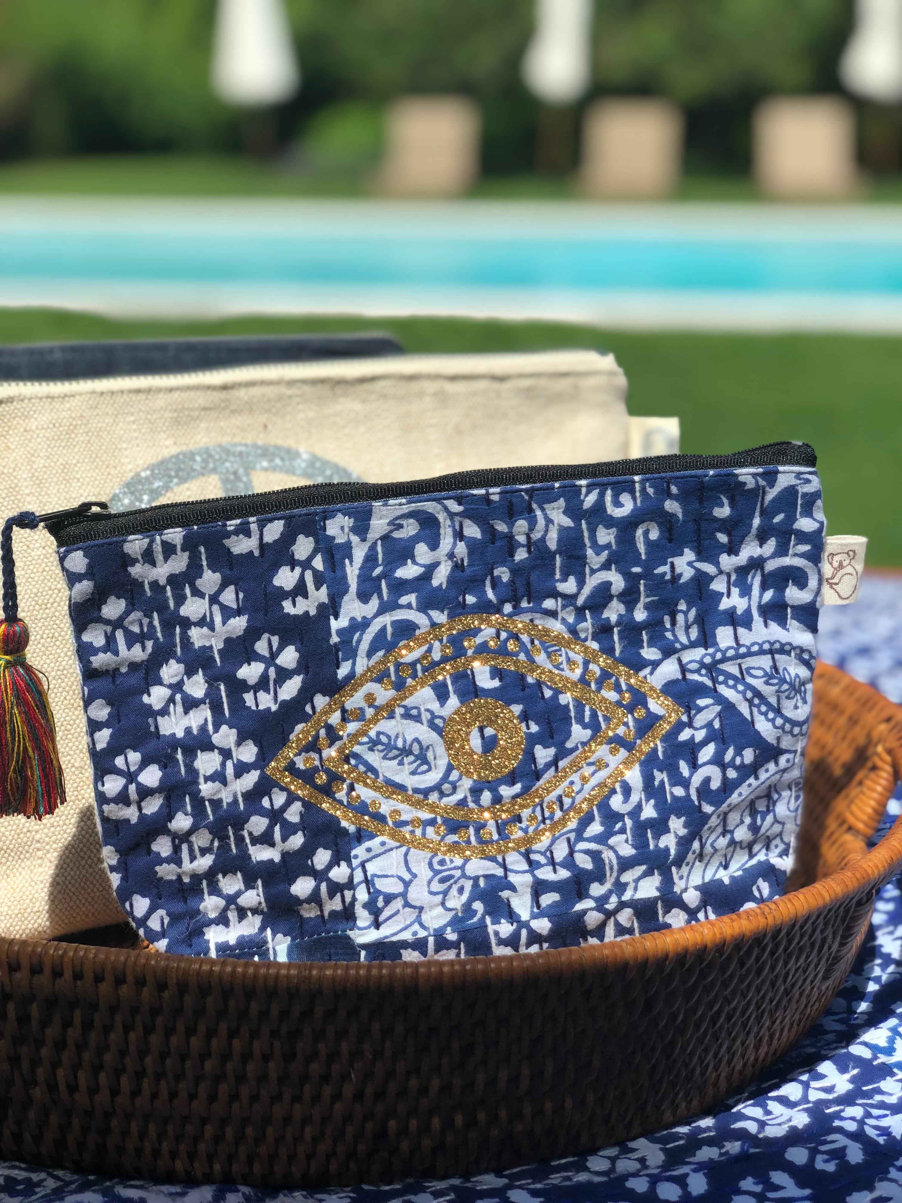 Koala Boho Collection: Makeup Bag in Blue Tones - Quilted Koala