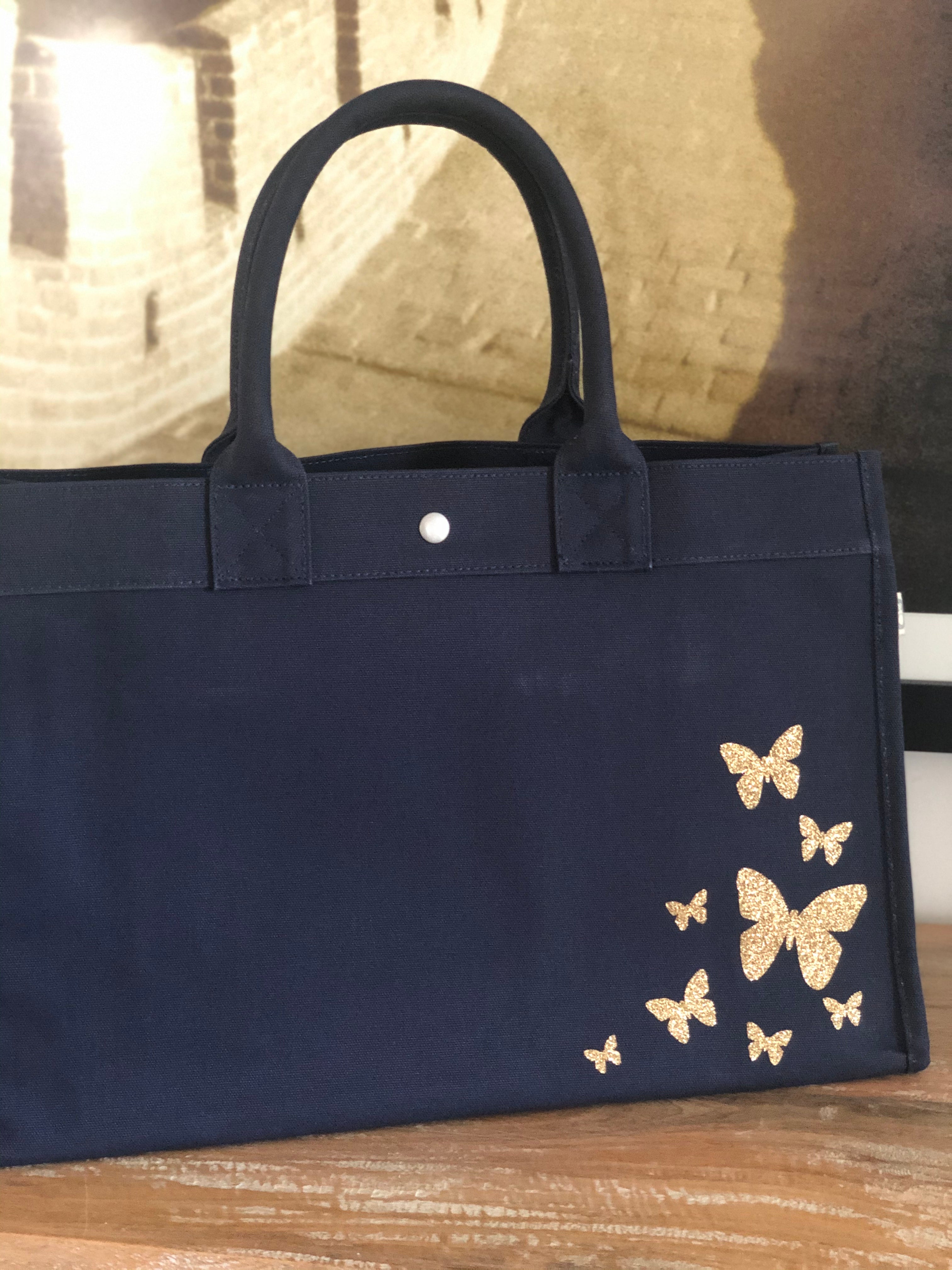 East West Bag: Navy with Gold Glitter Scatter Butterflies - Quilted Koala