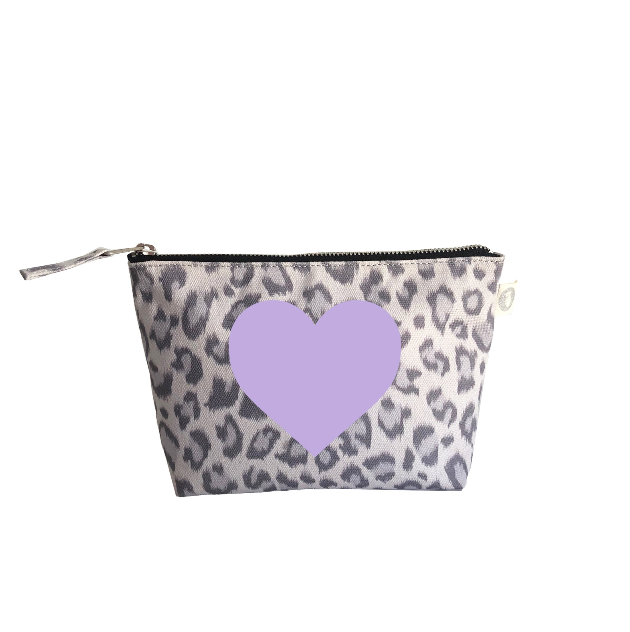 Makeup Bag: Grey Leopard with Lilac Matte Heart - Quilted Koala