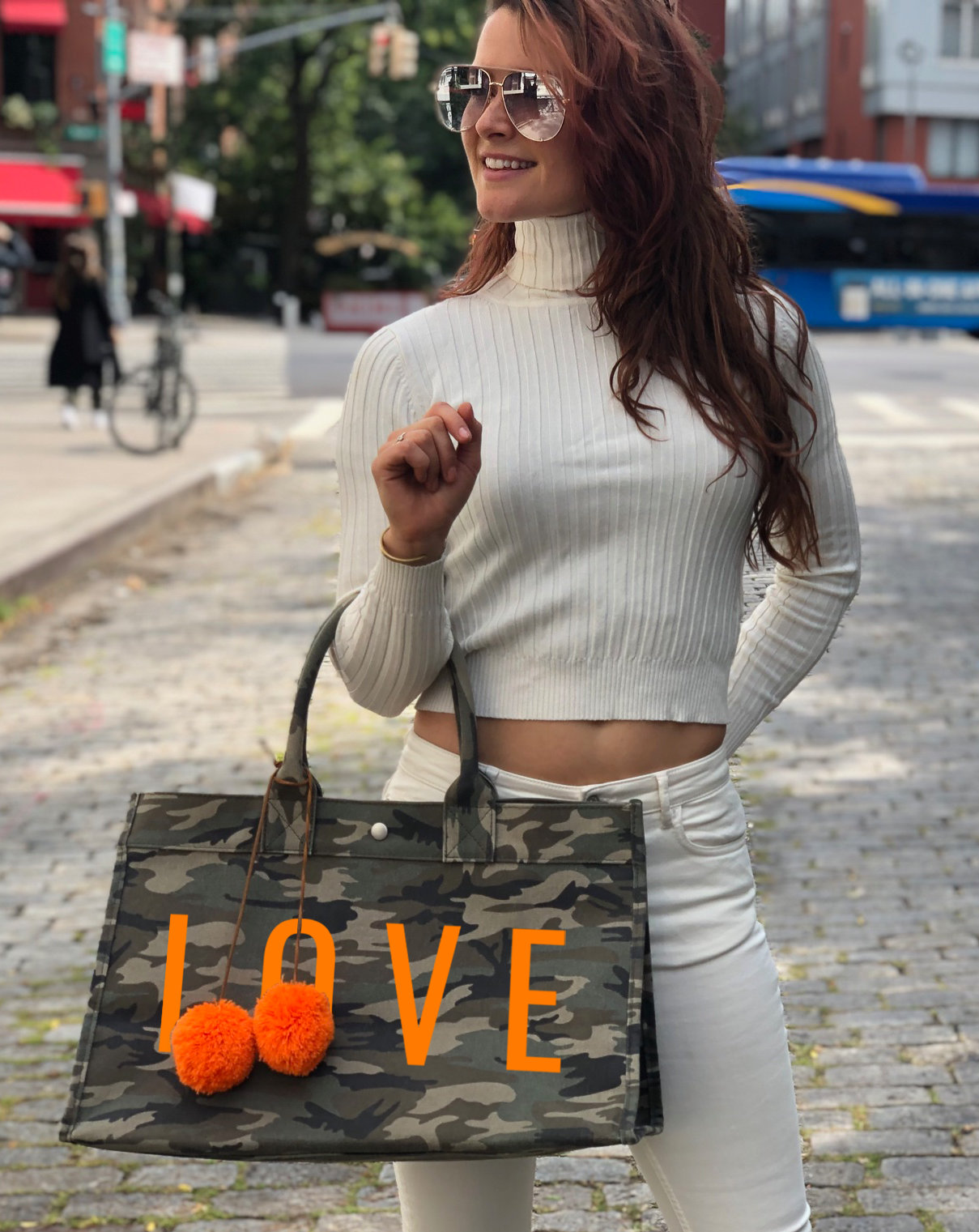 East-West Bag - Green Camo with Neon Orange LOVE + free Orange Pom poms - Quilted Koala