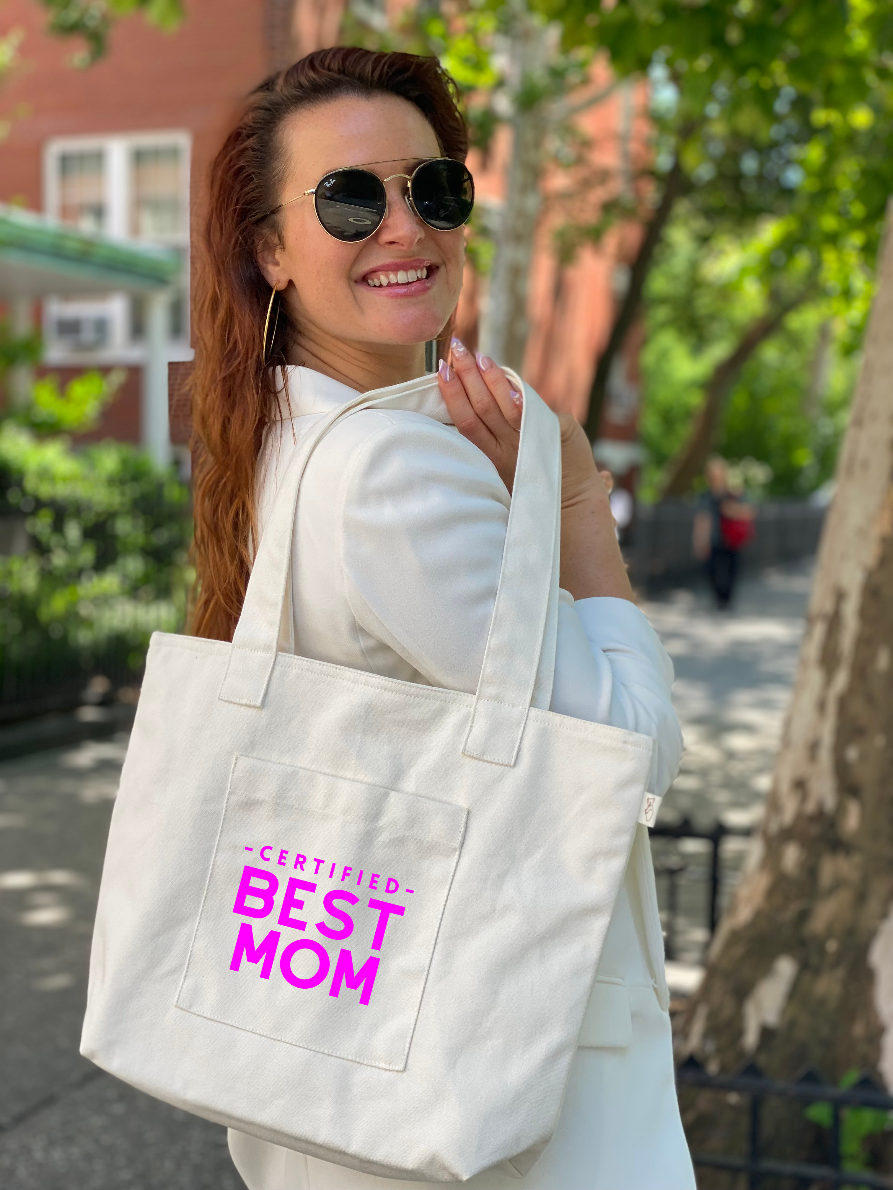 Natural Midi Everything Bag - Neon Pink Certified Best Mom - Quilted Koala