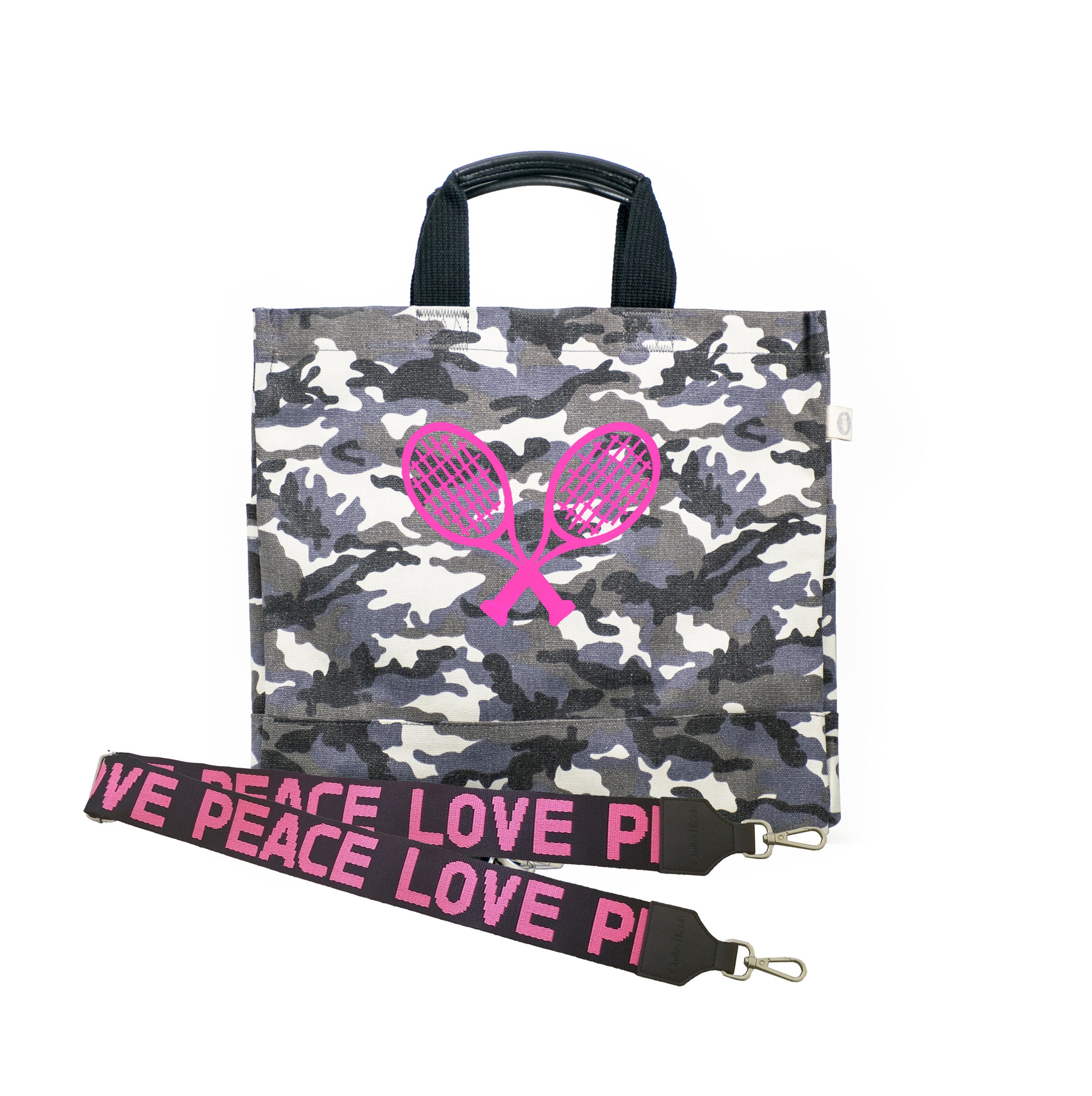 Grey Camo Luxe North South Bag with Neon Pink Tennis Racquets & PEACE/LOVE Strap Crossbody - Quilted Koala