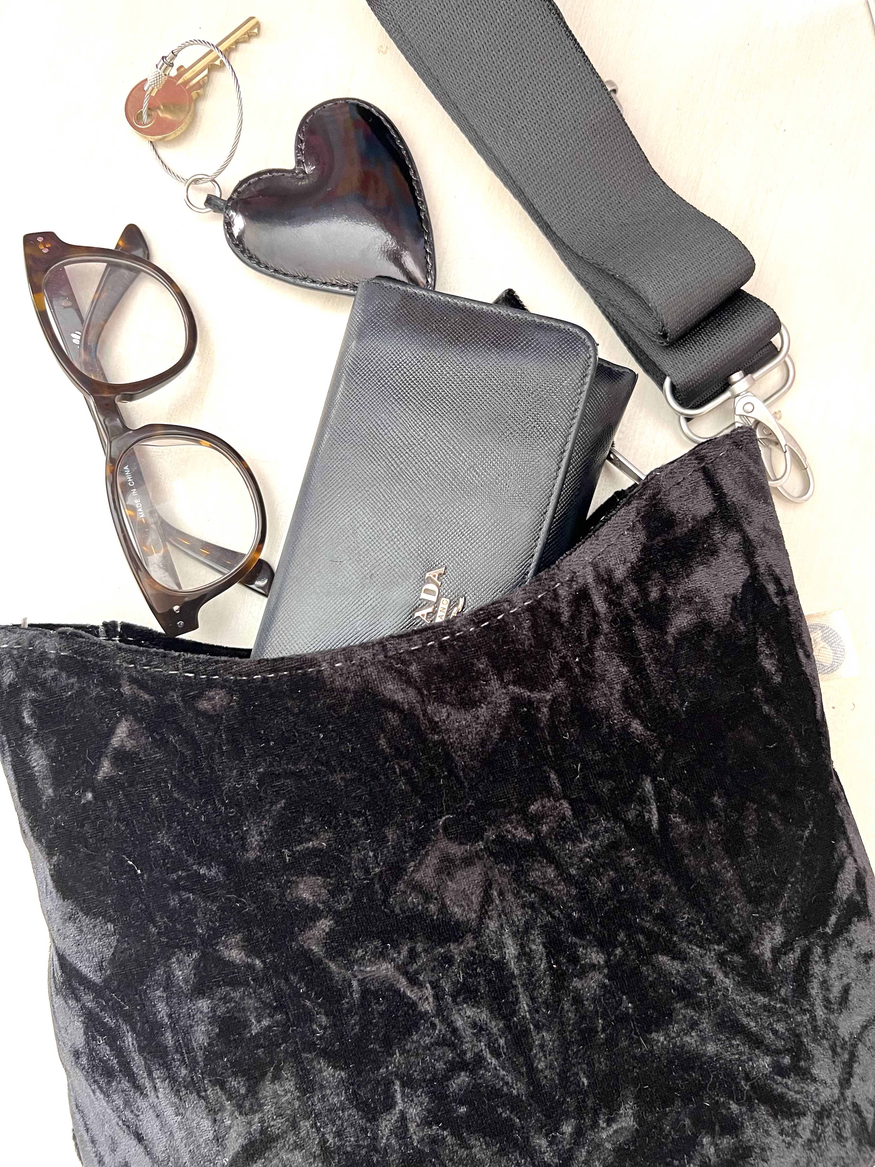 Mini City Bag: Black Crushed Velvet - Quilted Koala