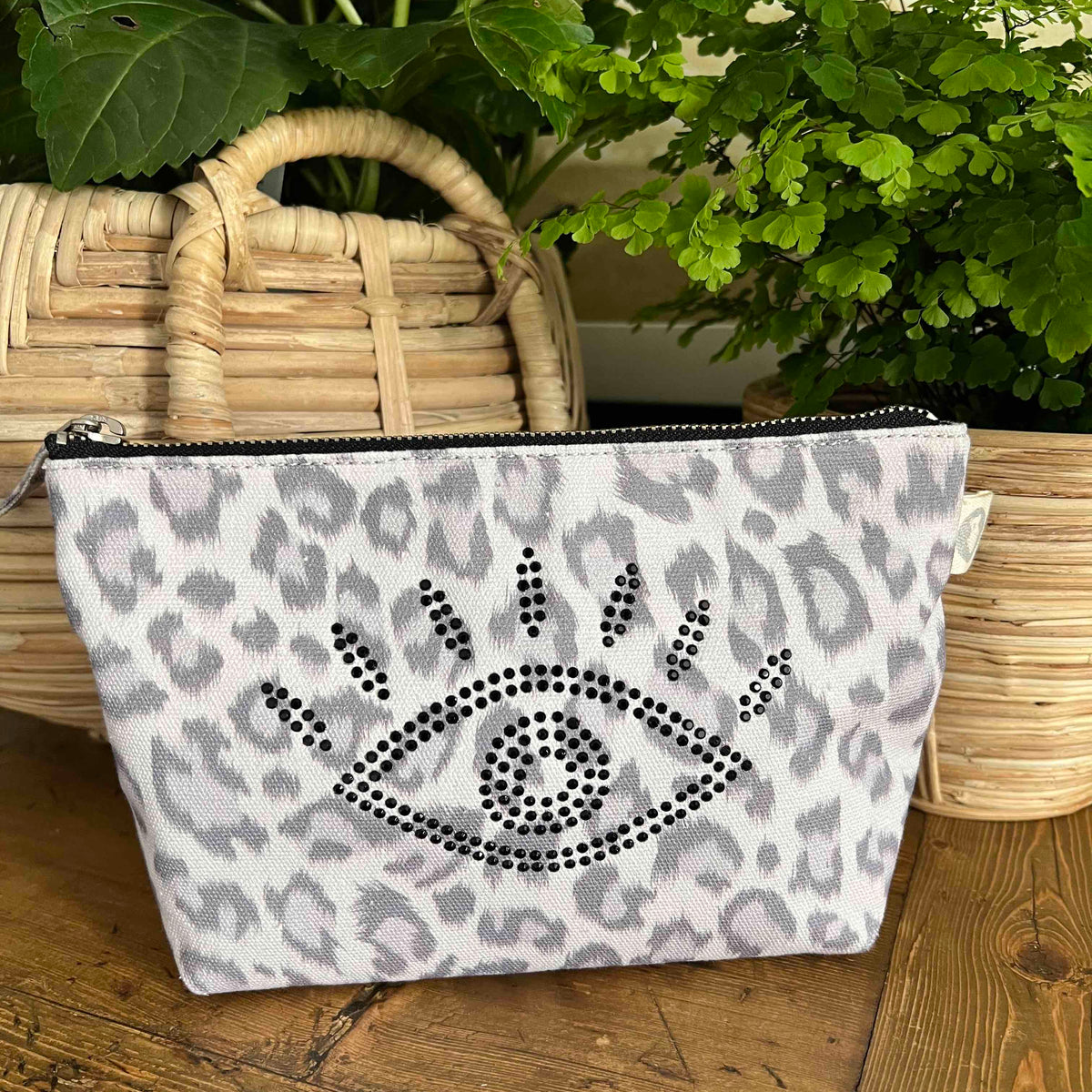 Makeup Bag Grey Leopard with Black Crystal Evil Eye Quilted Koala