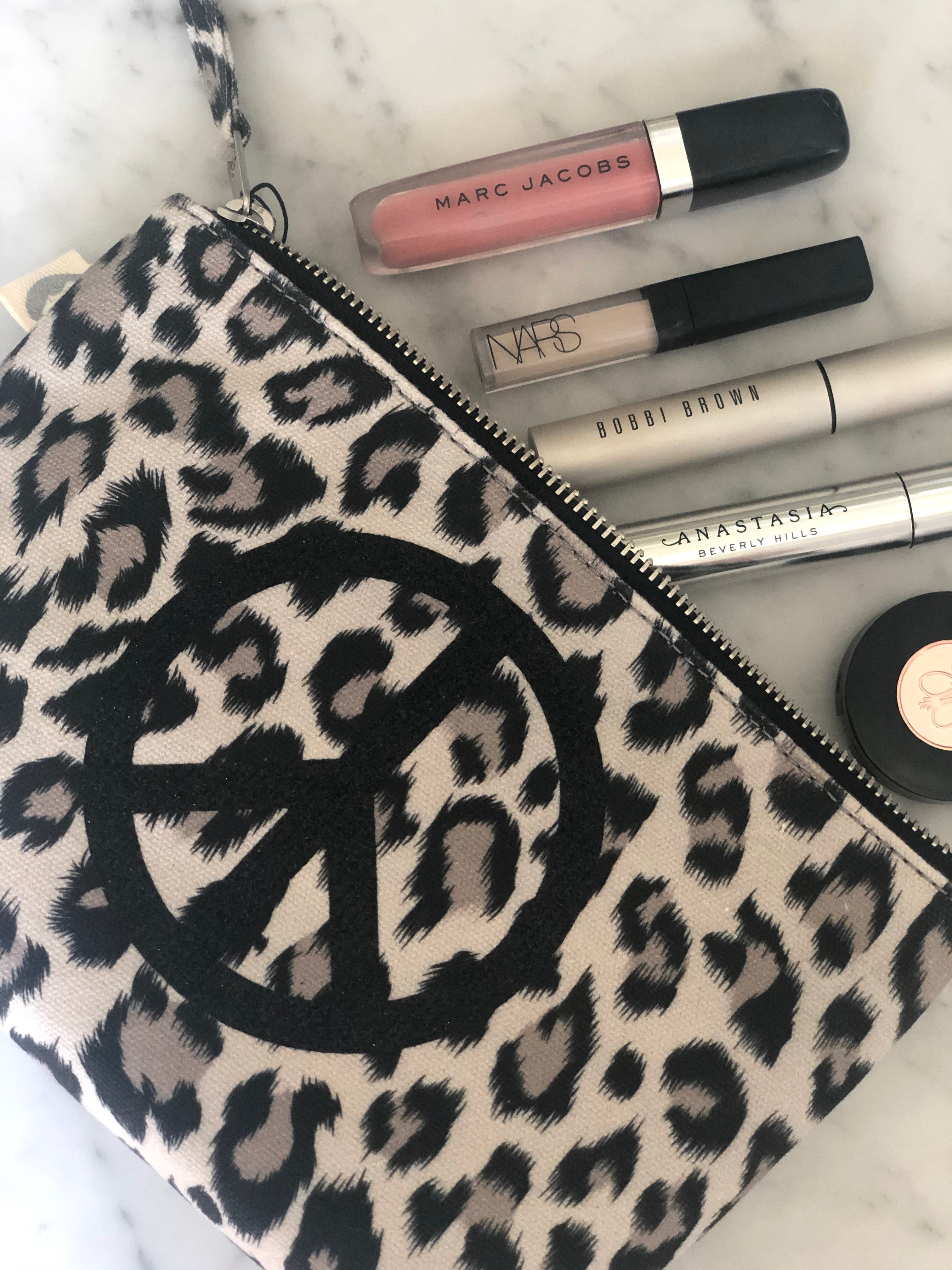 Leopard Makeup Bag with Black Glitter Peace Sign - Quilted Koala
