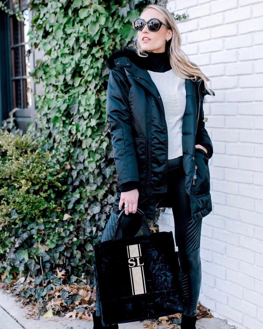 Monogram Stripe Luxe North South: Black Crushed Velvet - Quilted Koala