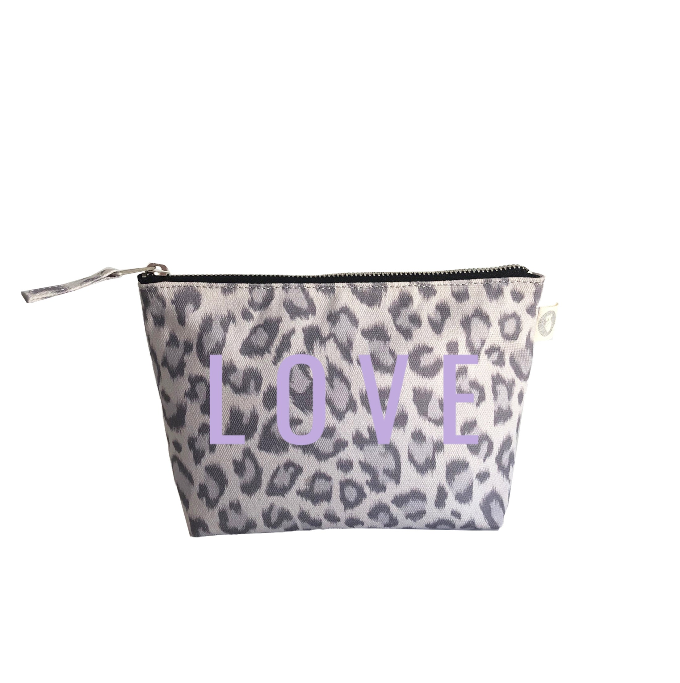 Makeup Bag: Grey Leopard with Lilac Matte LOVE - Quilted Koala
