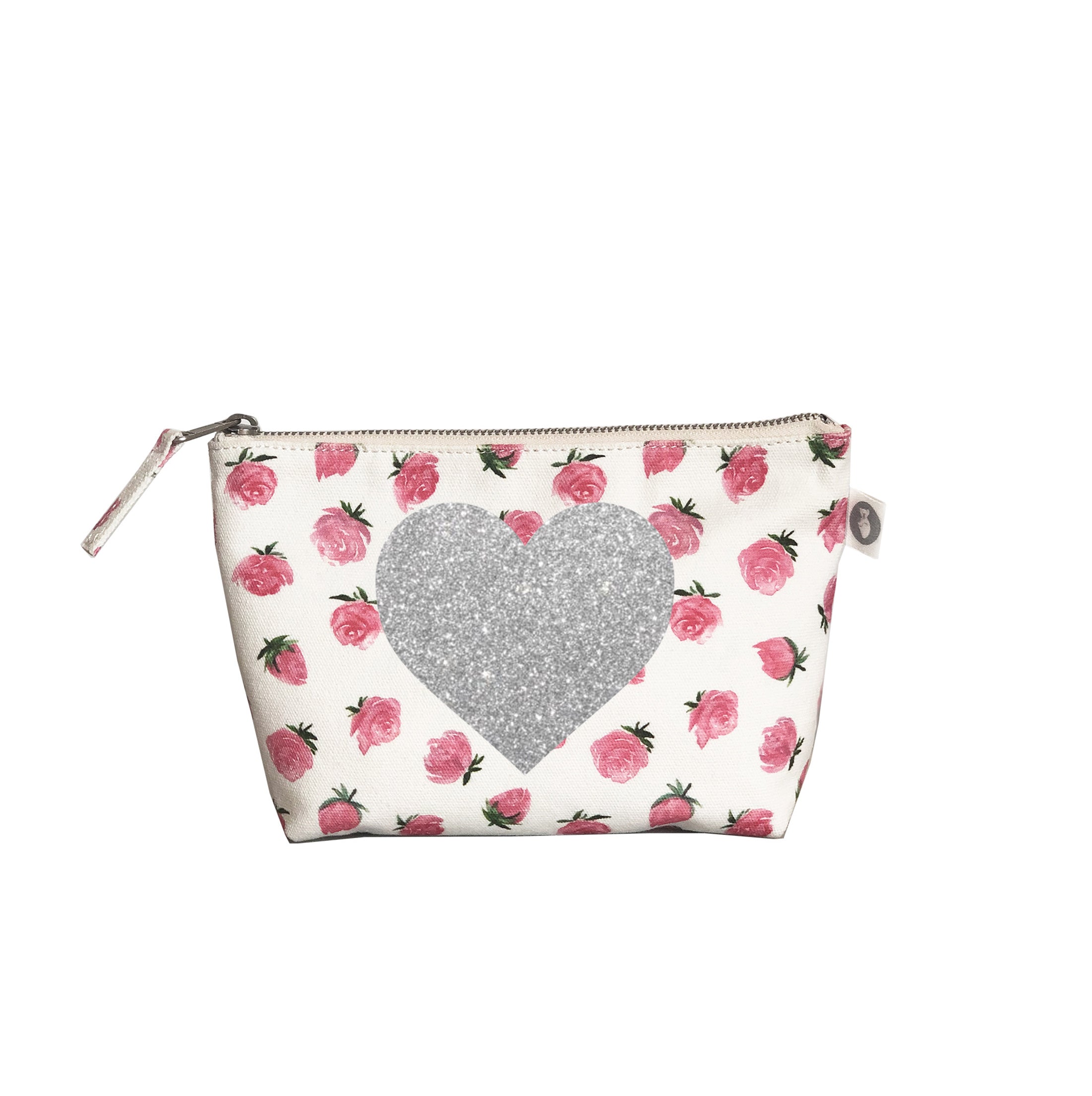 Makeup Bag: White Floral with Silver Glitter Heart - Quilted Koala