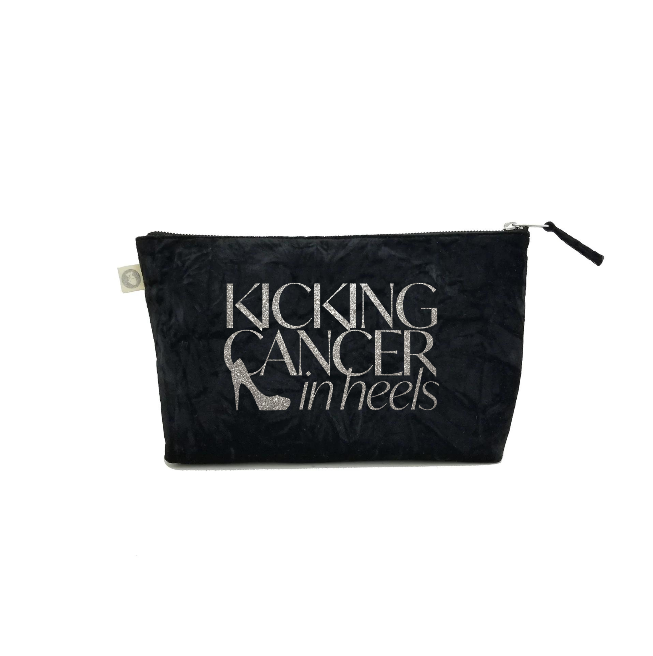 Kicking Cancer in Heels Clutch Bag- Silver Glitter on Black Crushed Velvet - Quilted Koala