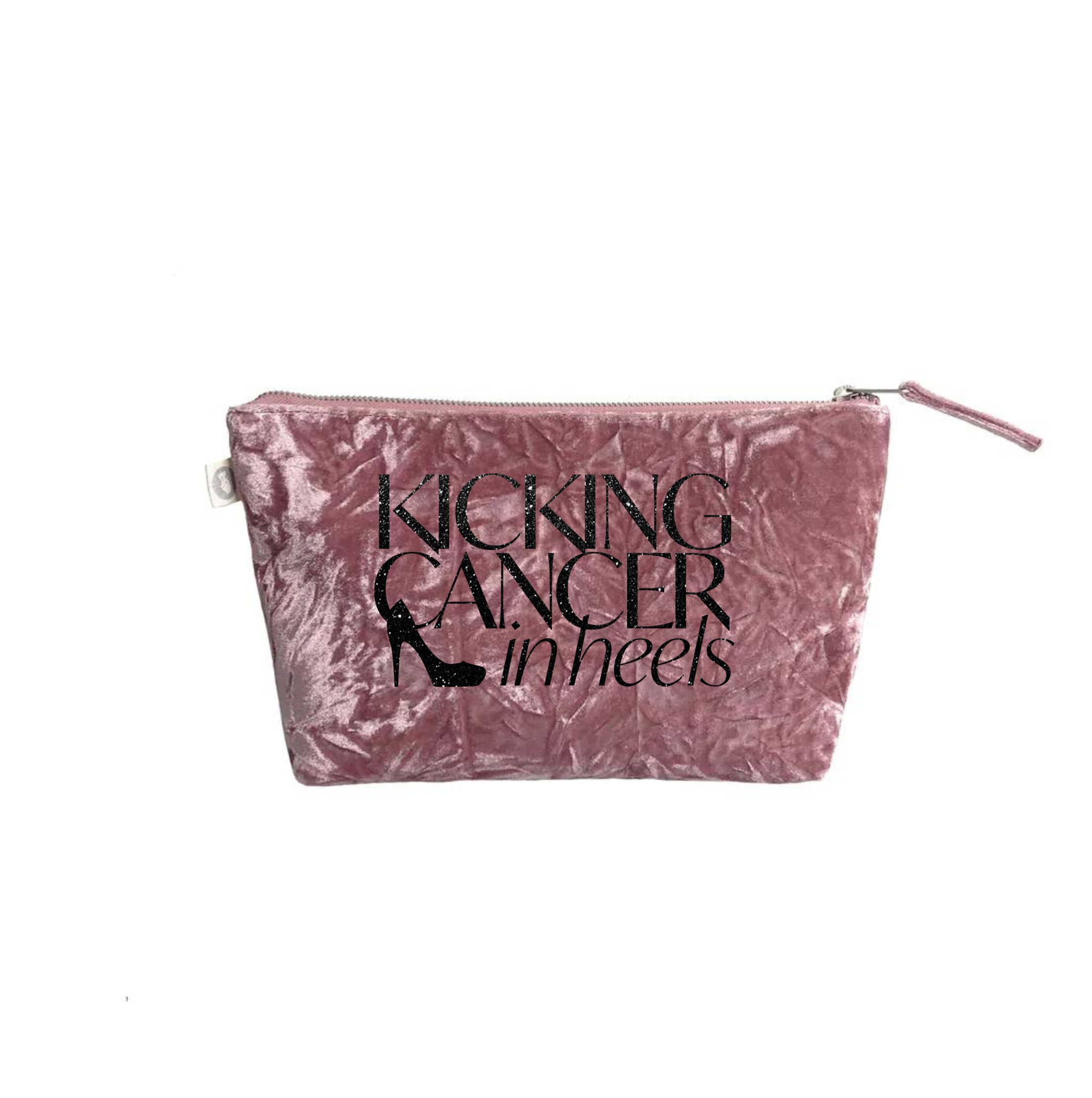 Kicking Cancer in Heels Clutch Bag- Black Glitter on Petal Pink Velvet - Quilted Koala