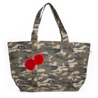 Large Zipper Tote Green Camo with Red Pom Poms - Quilted Koala