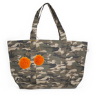 Large Zipper Tote Green Camo with Orange Pom Poms - Quilted Koala