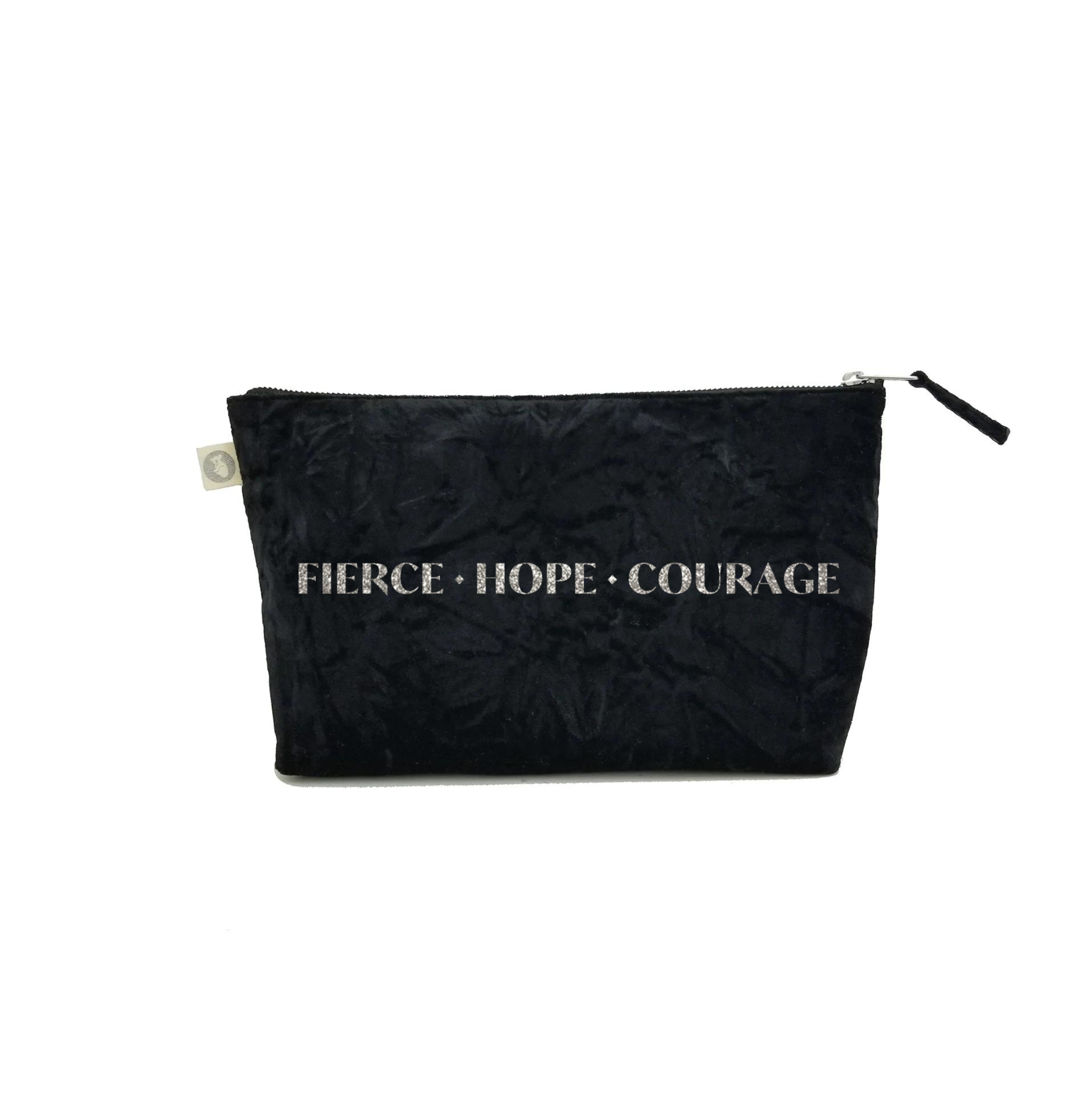 Fierce Hope Courage Clutch Bag- Silver Glitter on Black Crushed Velvet - Quilted Koala