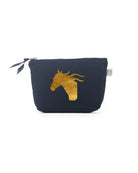 Gold Ride Jump Repeat horseshoe graphic on navy Quilted Koala makeup bag