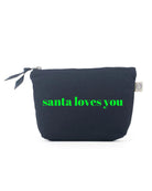 SANTA LOVES YOU Makeup Bag- Navy with Neon Green - Quilted Koala