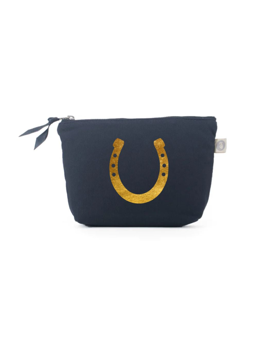 Gold Not My First Rodeo horseshoe graphic on navy Quilted Koala makeup bag