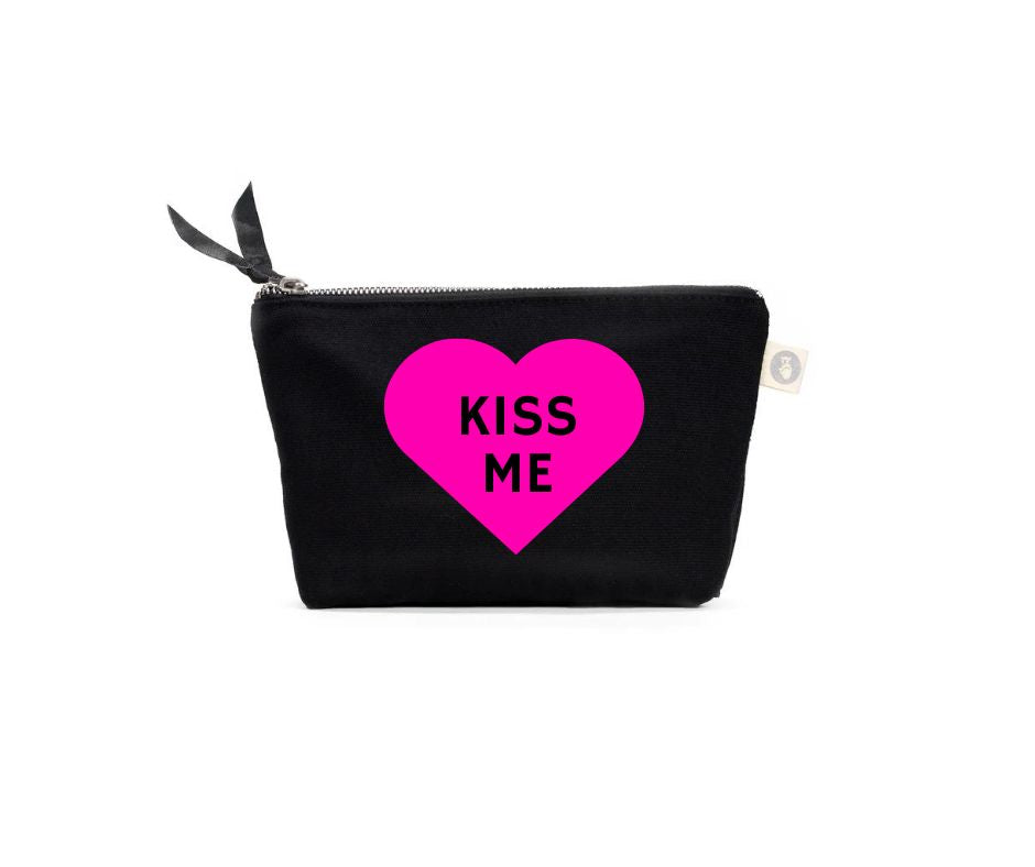 Makeup Bag- Valentine's Candy Heart KISS ME in Neon Pink - Quilted Koala