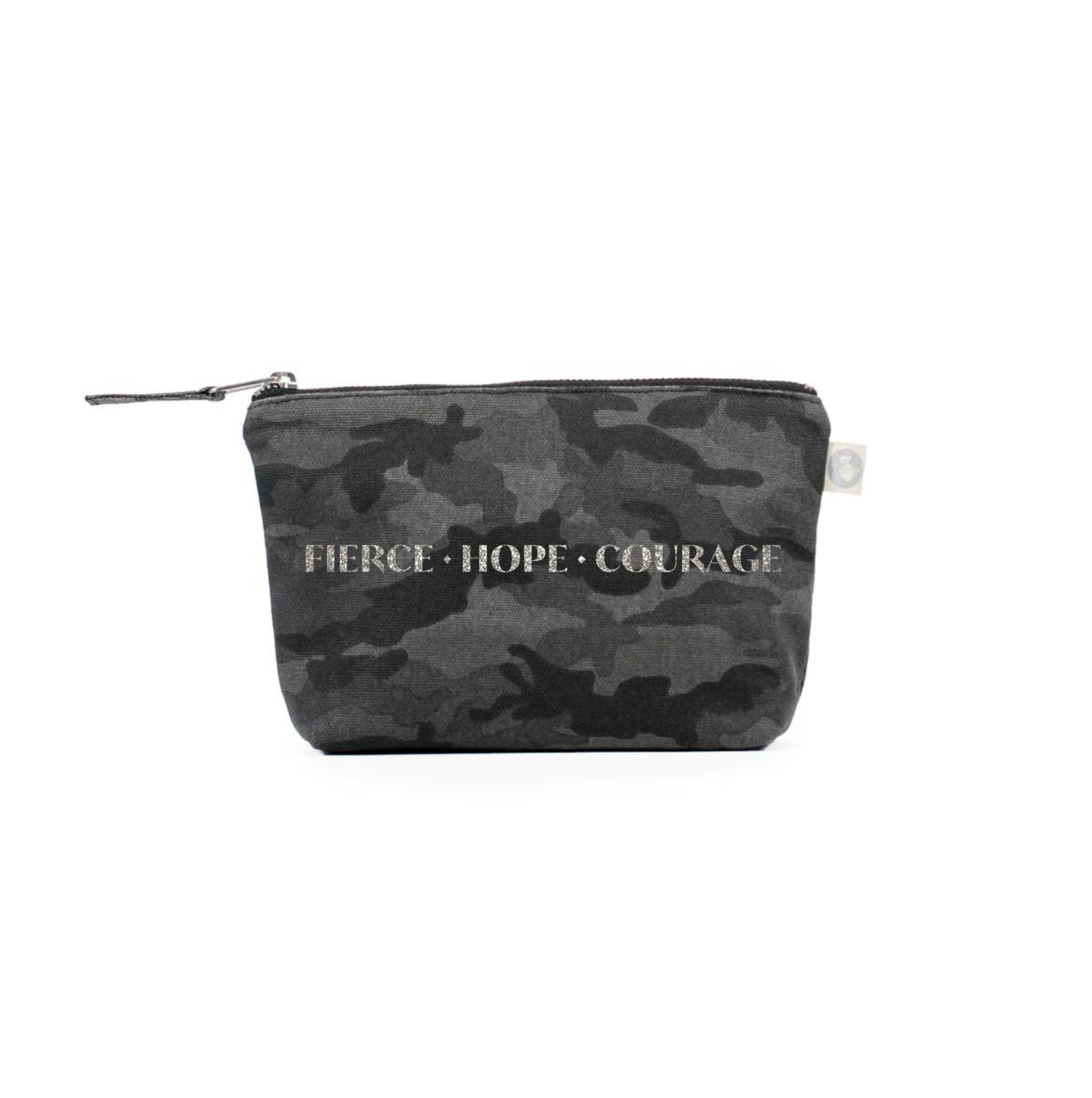 Fierce Hope Courage Makeup Bag- Silver Glitter on Black Camo - Quilted Koala