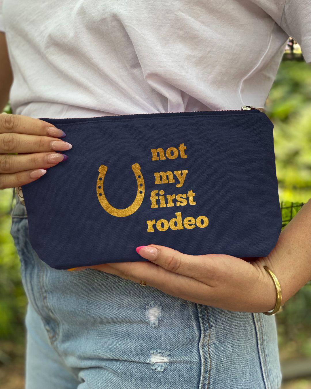 Navy canvas makeup bag with metallic gold foil horse head equestrian design