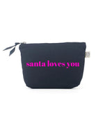 SANTA LOVES YOU Makeup Bag- Navy with Neon Pink - Quilted Koala