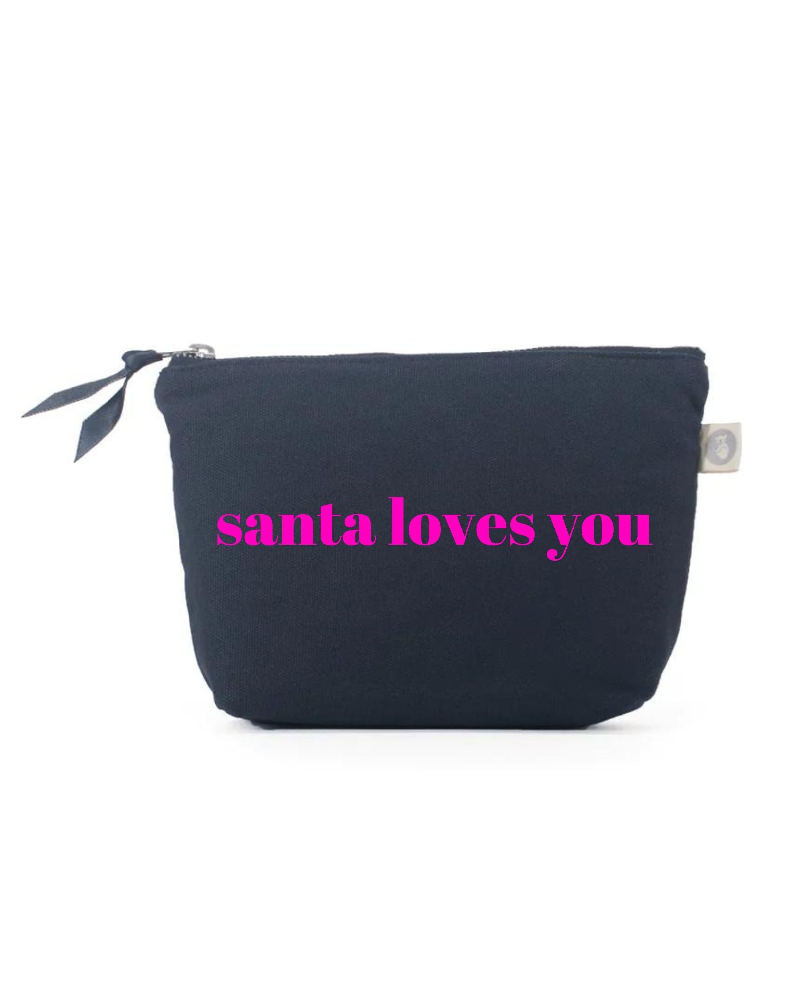 SANTA LOVES YOU Makeup Bag- Navy with Neon Pink - Quilted Koala