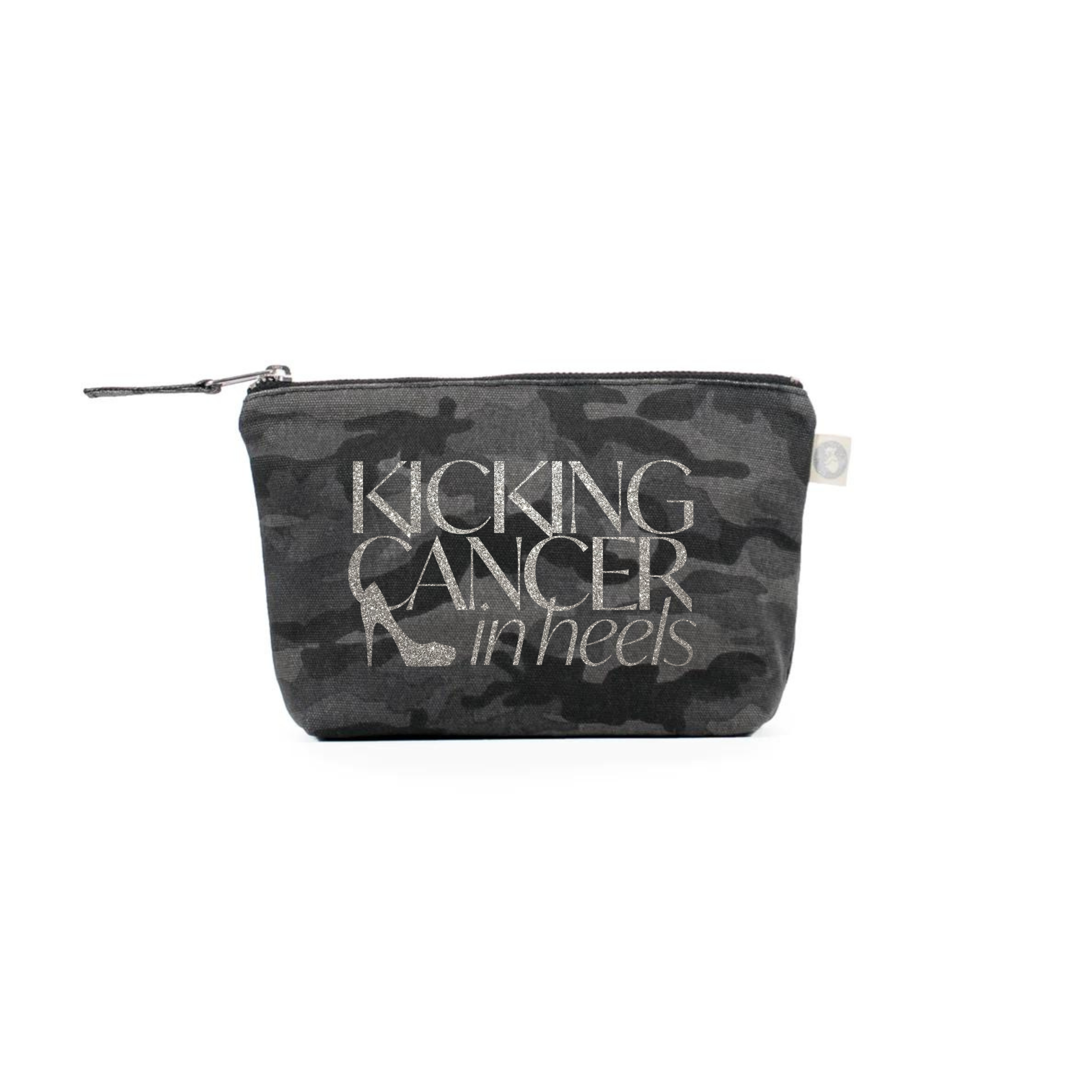 Kicking Cancer in Heels Makeup Bag- Silver Glitter on Black Camo - Quilted Koala