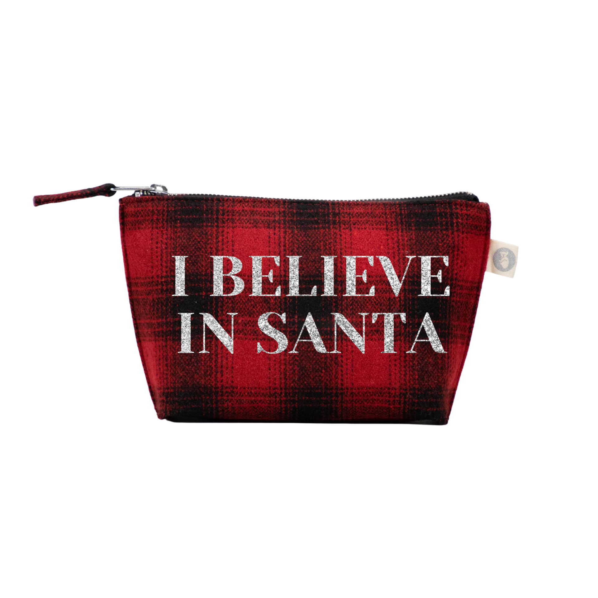 I BELIEVE IN SANTA Red Flannel & Silver Glitter Makeup Bag - Quilted Koala