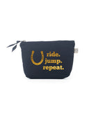 Gold horseshoe design on navy Quilted Koala makeup bag