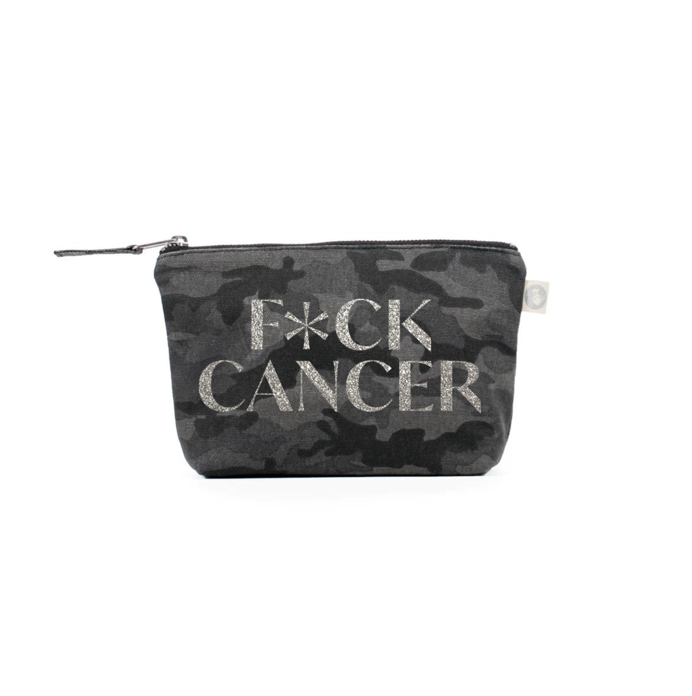 F*CK CANCER Makeup Bag- Silver Glitter on Black Camo - Quilted Koala