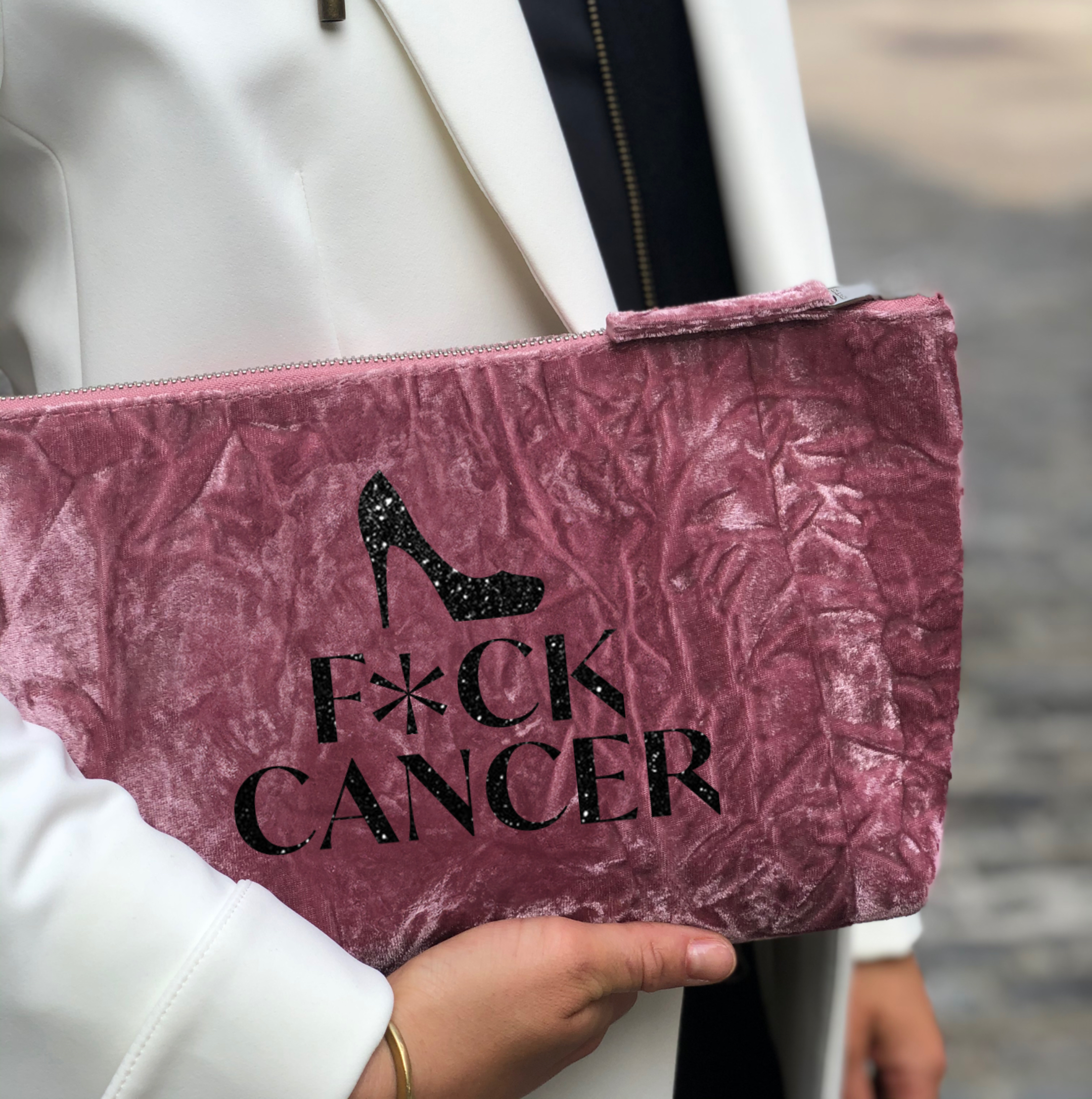 F*CK CANCER Clutch Bag- Black Glitter on Petal Pink Velvet - Quilted Koala