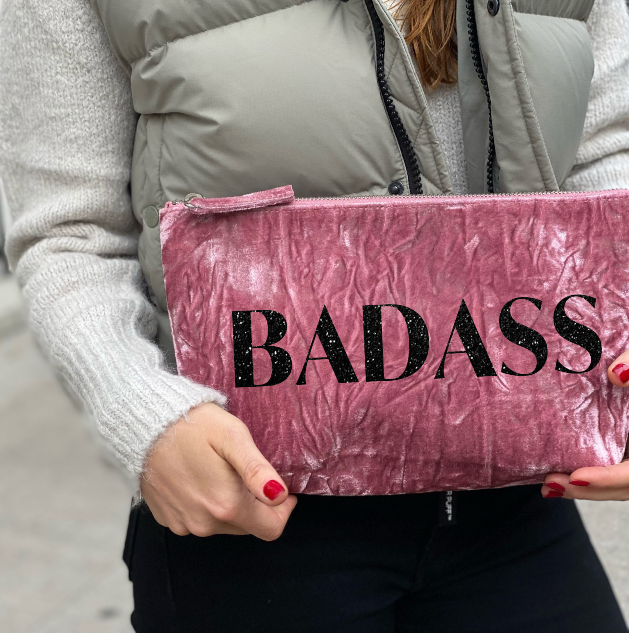 BADASS Clutch Bag- Black Glitter on Petal Pink Velvet - Quilted Koala