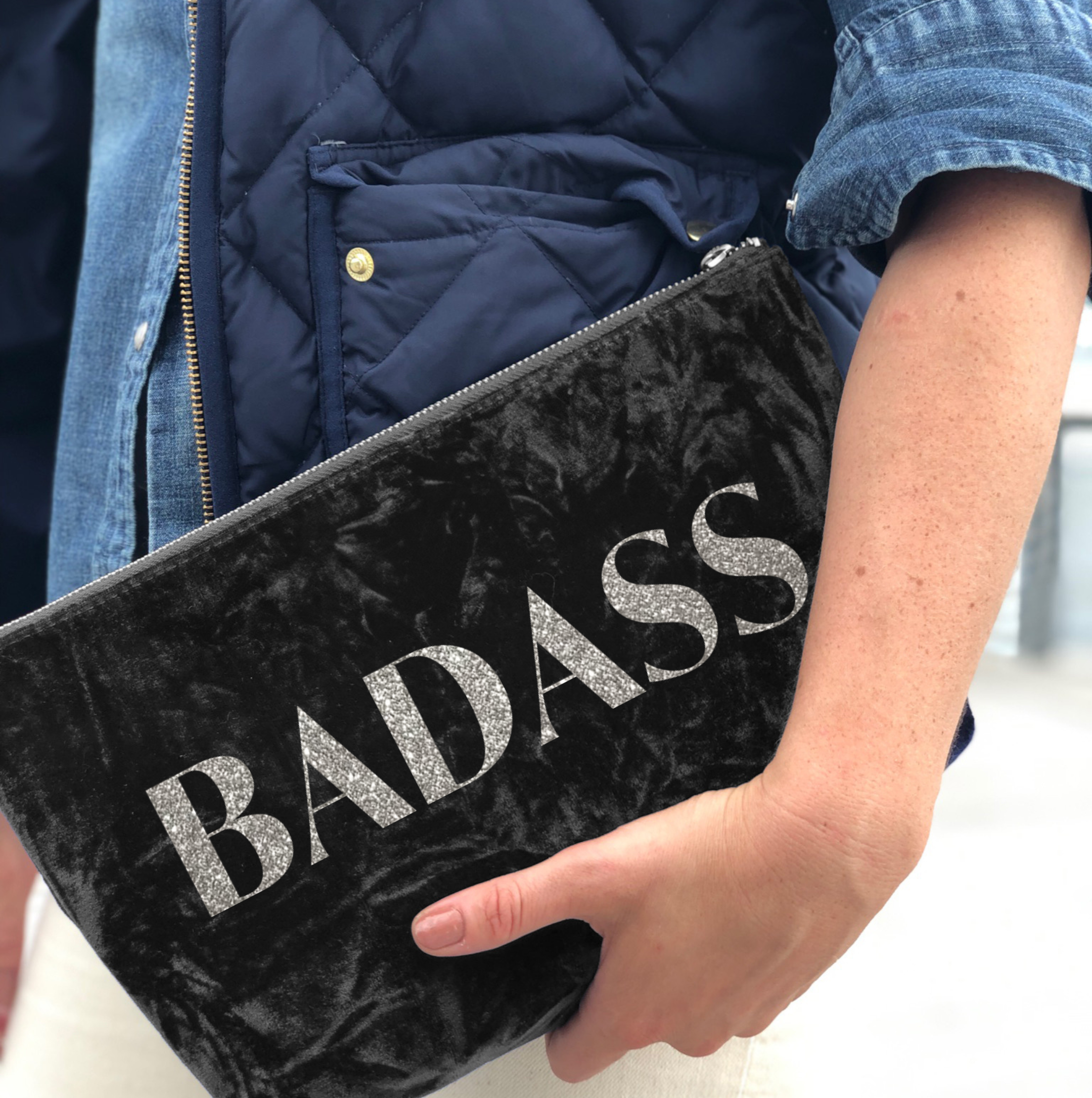 BADASS Clutch Bag- Silver Glitter on Black Crushed Velvet - Quilted Koala