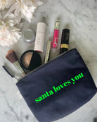 SANTA LOVES YOU Makeup Bag- Navy with Neon Green - Quilted Koala