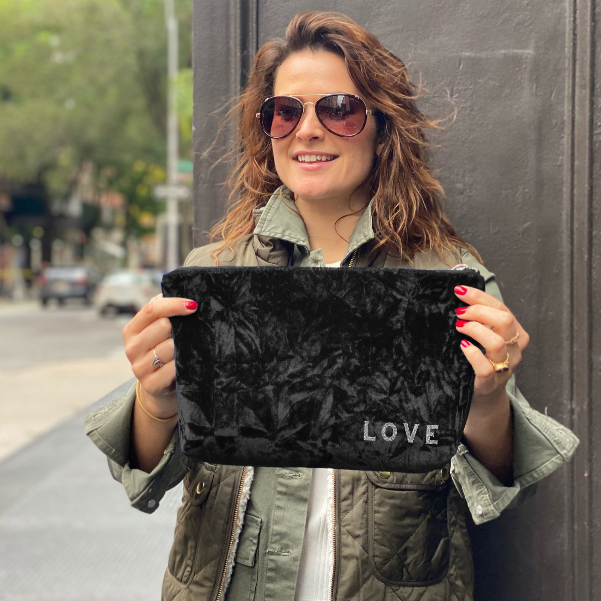 Clutch in Black Crushed Velvet with Silver Glitter Mini LOVE - Quilted Koala