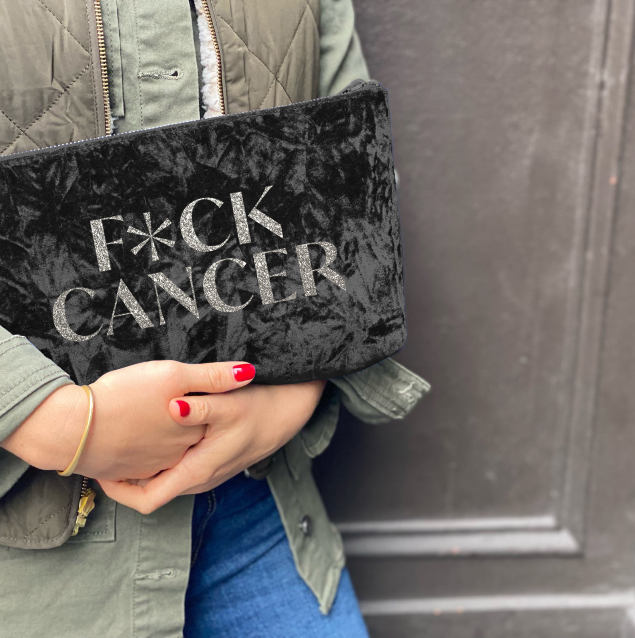 F*CK CANCER Clutch Bag- Silver Glitter on Black Crushed Velvet - Quilted Koala