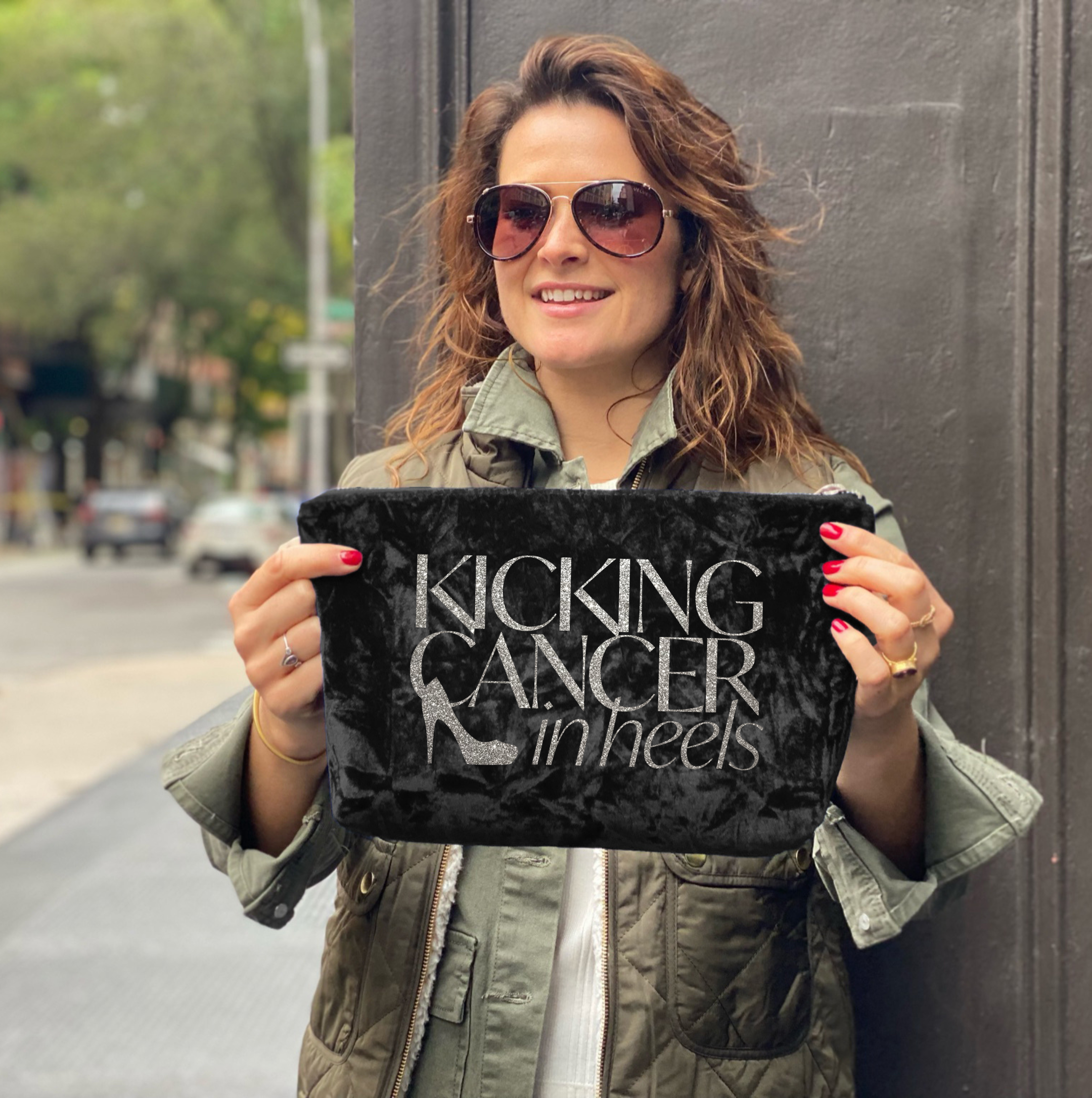 Kicking Cancer in Heels Clutch Bag- Silver Glitter on Black Crushed Velvet - Quilted Koala