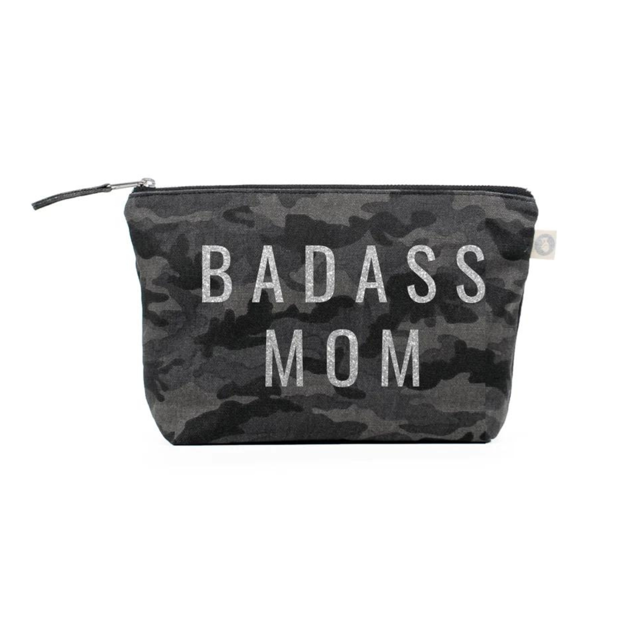 BADASS MOM Makeup Bag- Black Camo with Silver Glitter - Quilted Koala