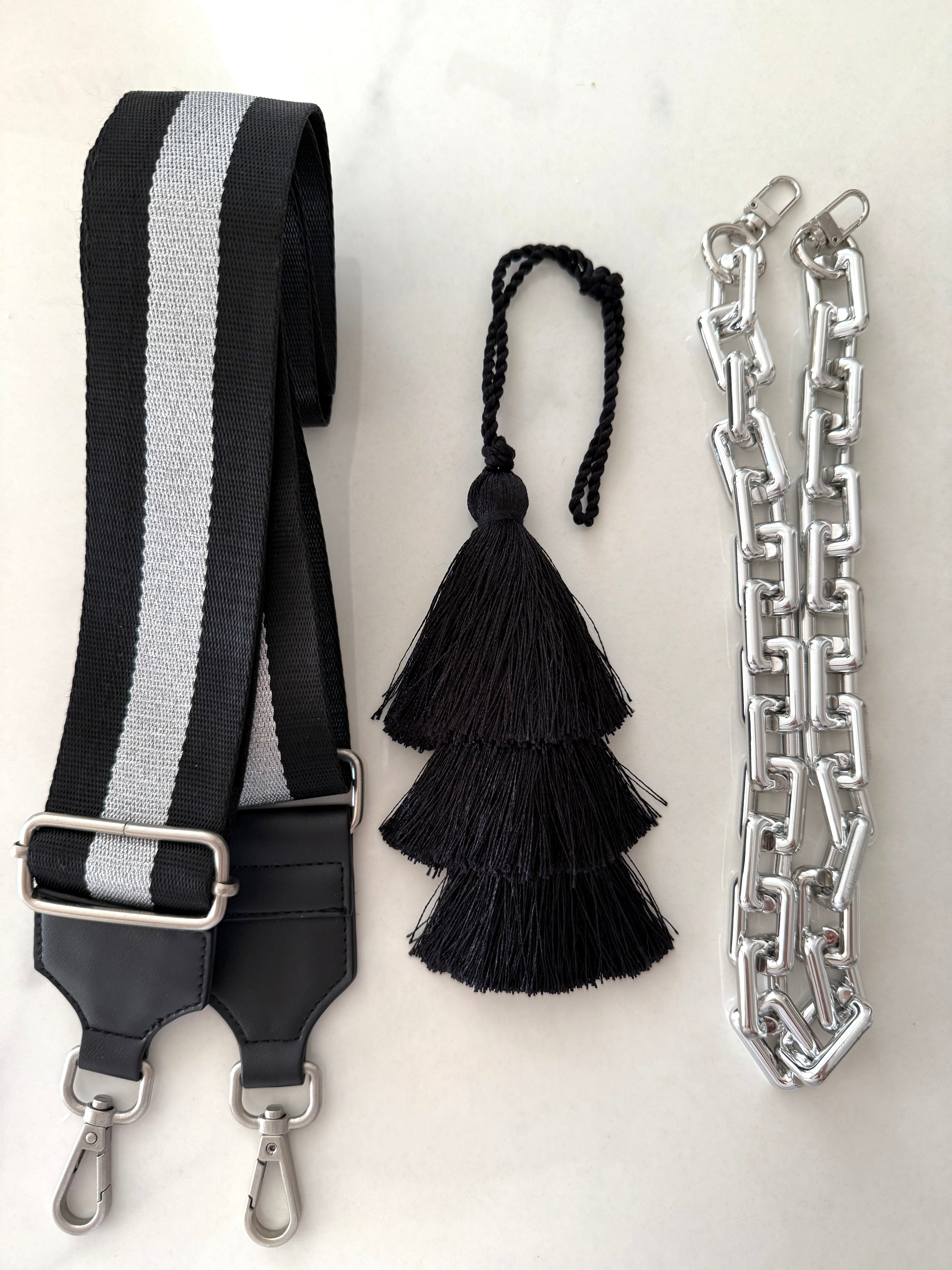 Accessory Bundle: Black Tassel + SILVER Chain + Black/Silver Stripe Strap - Quilted Koala