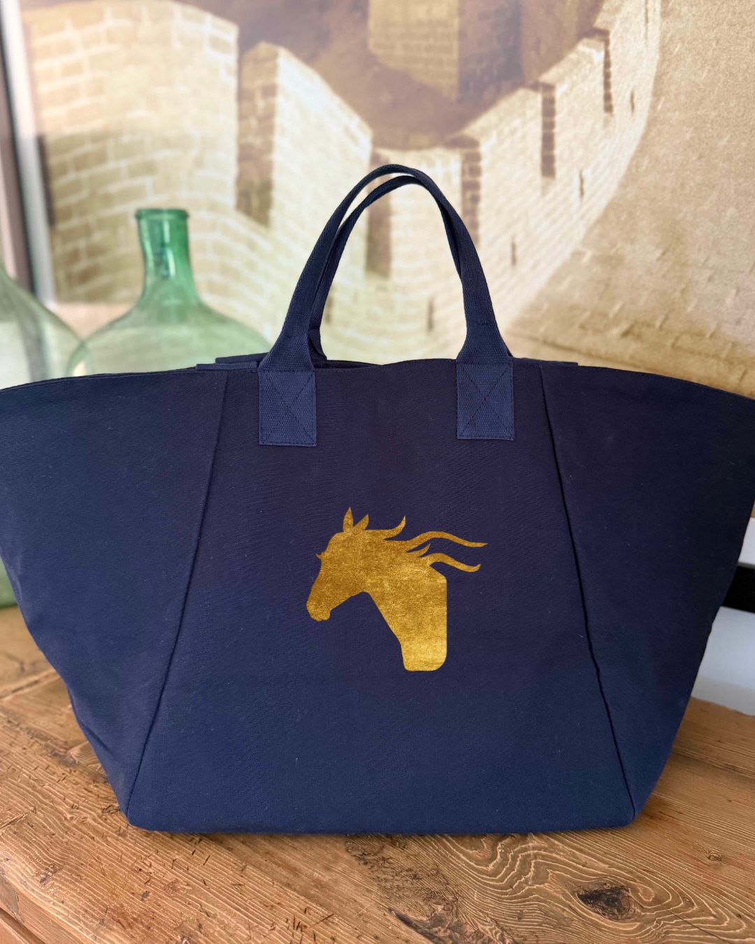 Navy Chelsea Bag with metallic gold foil horseshoe equestrian design