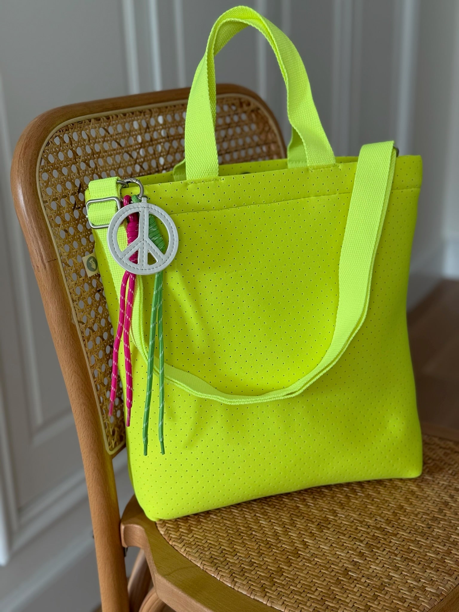 Neon Yellow Neoprene Town Bag with Peace Sign Paracord Charm - Quilted Koala