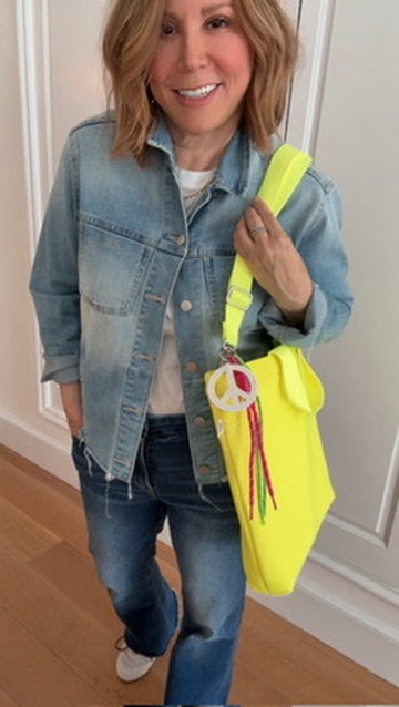 Neon Yellow Neoprene Town Bag with Peace Sign Paracord Charm - Quilted Koala