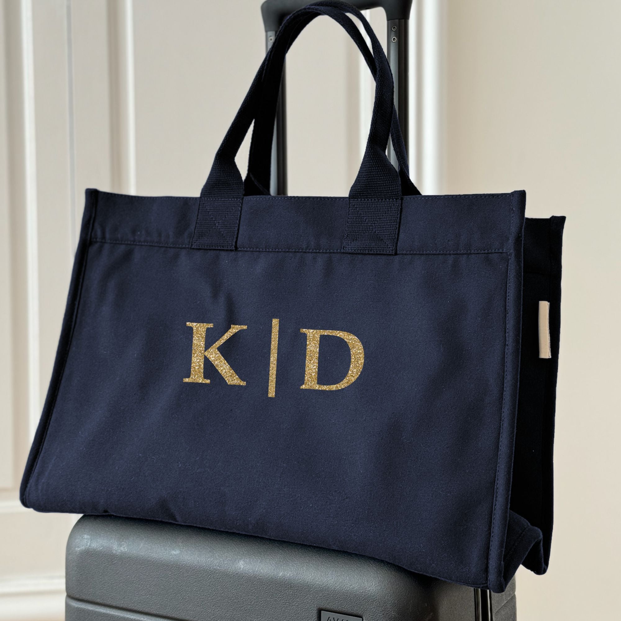 NEW! Anywhere Bag with Trolley Sleeve in Navy SPLIT LETTER MONOGRAM - Quilted Koala