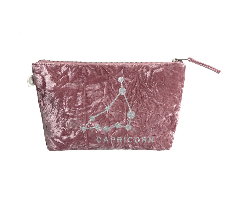 Zodiac Pink Crushed Velvet Large Makeup Bag - Capricorn - Quilted Koala