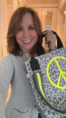 Stephanie's Pick: Grey Leopard Luxe North South Bag with a Neon Yellow Jumbo Peace Sign + FREE Grey/Yellow Stripe Strap - Quilted Koala