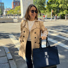 NEW! Anywhere Bag with Trolley Sleeve in Navy MONOGRAM STRIPE - Quilted Koala