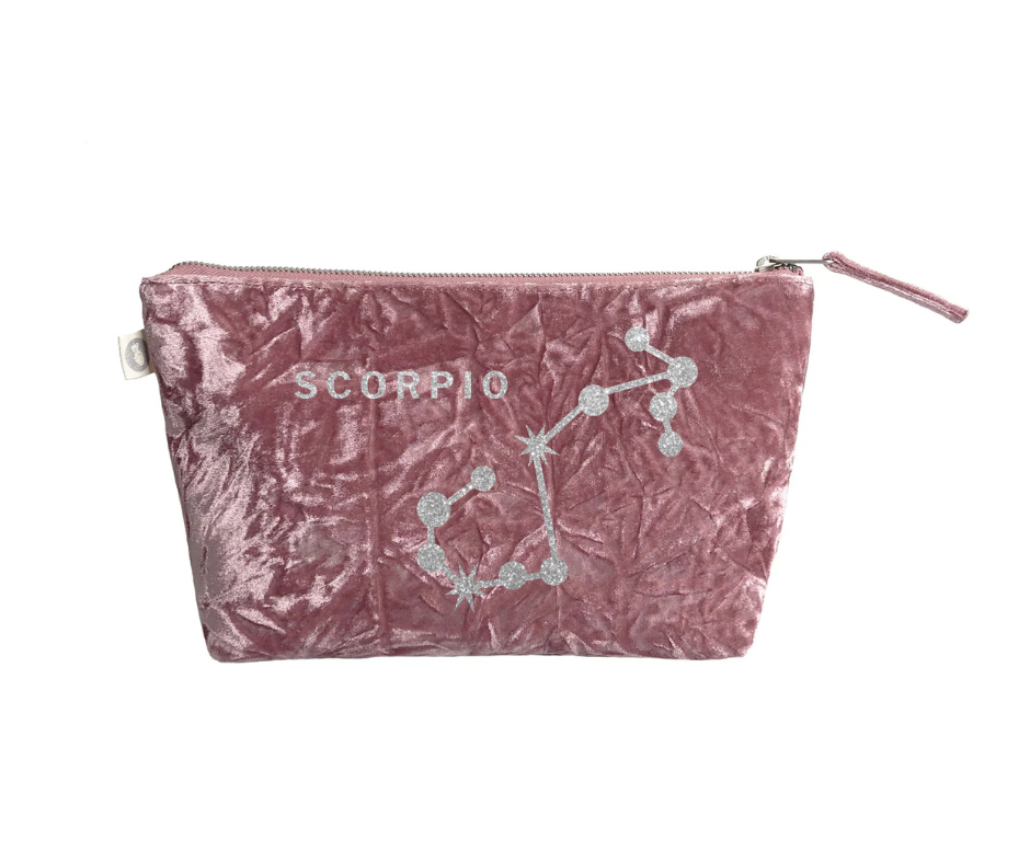 Zodiac Pink Crushed Velvet Large Makeup Bag - Scorpio - Quilted Koala