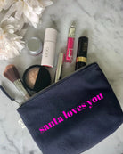 SANTA LOVES YOU Makeup Bag- Navy with Neon Pink - Quilted Koala