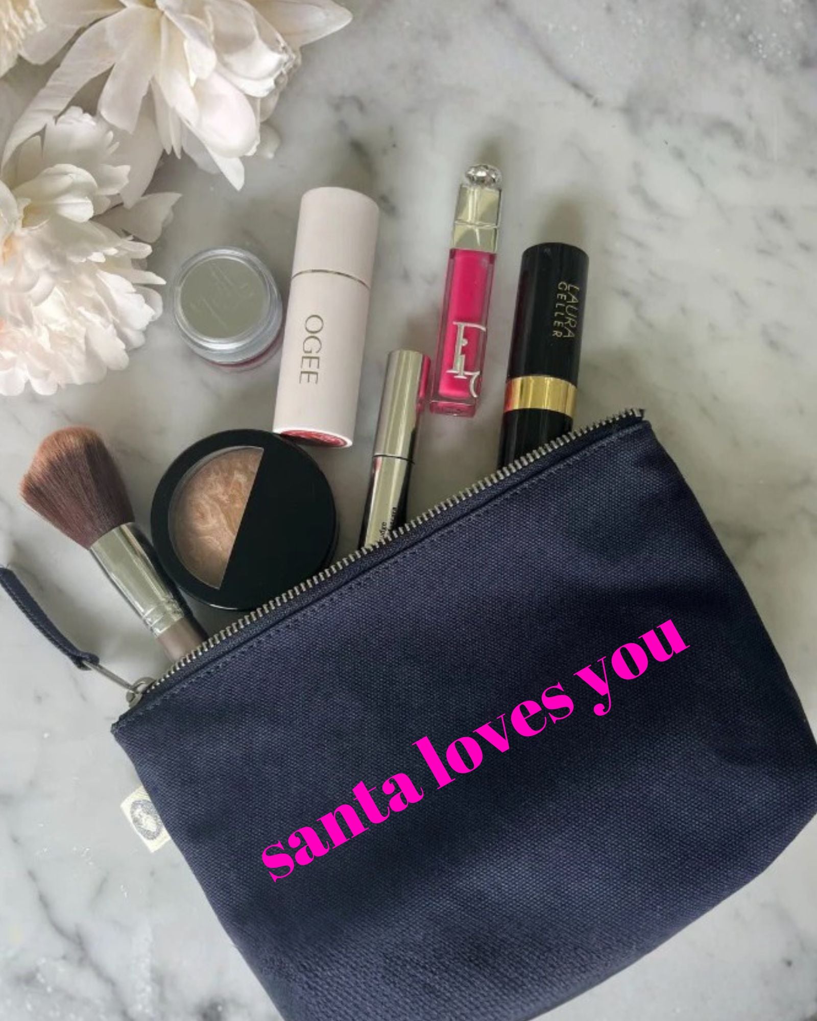 SANTA LOVES YOU Makeup Bag- Navy with Neon Pink - Quilted Koala