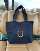 Navy Midi Everything Bag with metallic gold foil horseshoe equestrian design